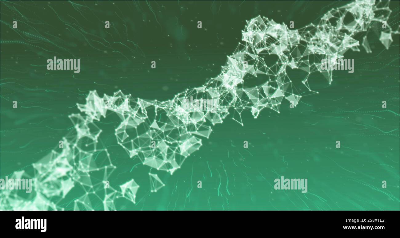 Bild von leuchtenden Lichtspuren, die sich über dna-Strang auf grünem Hintergrund bewegen Stockfoto