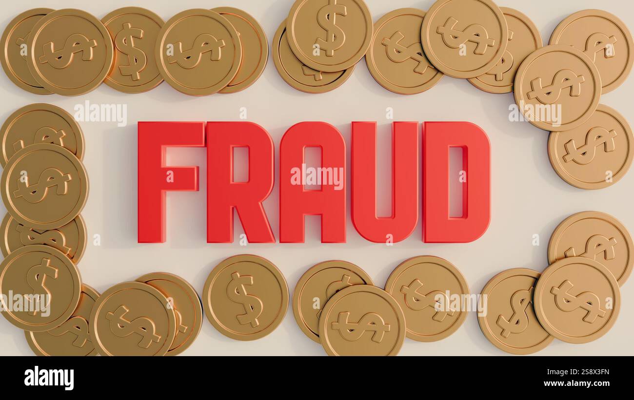 Eine 3D-Darstellung des Wortes "BETRUG" ist umgeben von Goldmünzen, dem Konzept des Betrugs mit Geld, das auf finanzielle Täuschung oder unerlaubten Gewinn hindeutet. Stockfoto