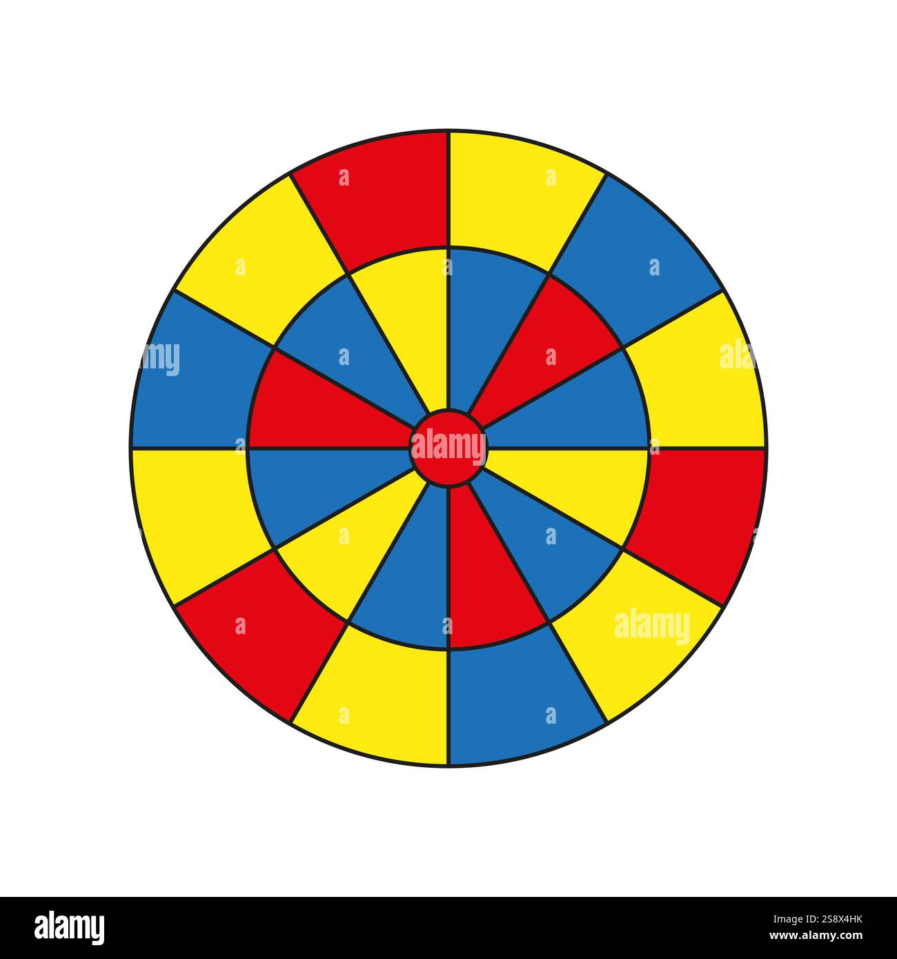 Farbenfrohes Radialmuster. Blaues gelbrotes Design. Geometrisches kreisförmiges Layout. Symmetrische Vektorform. Stock Vektor