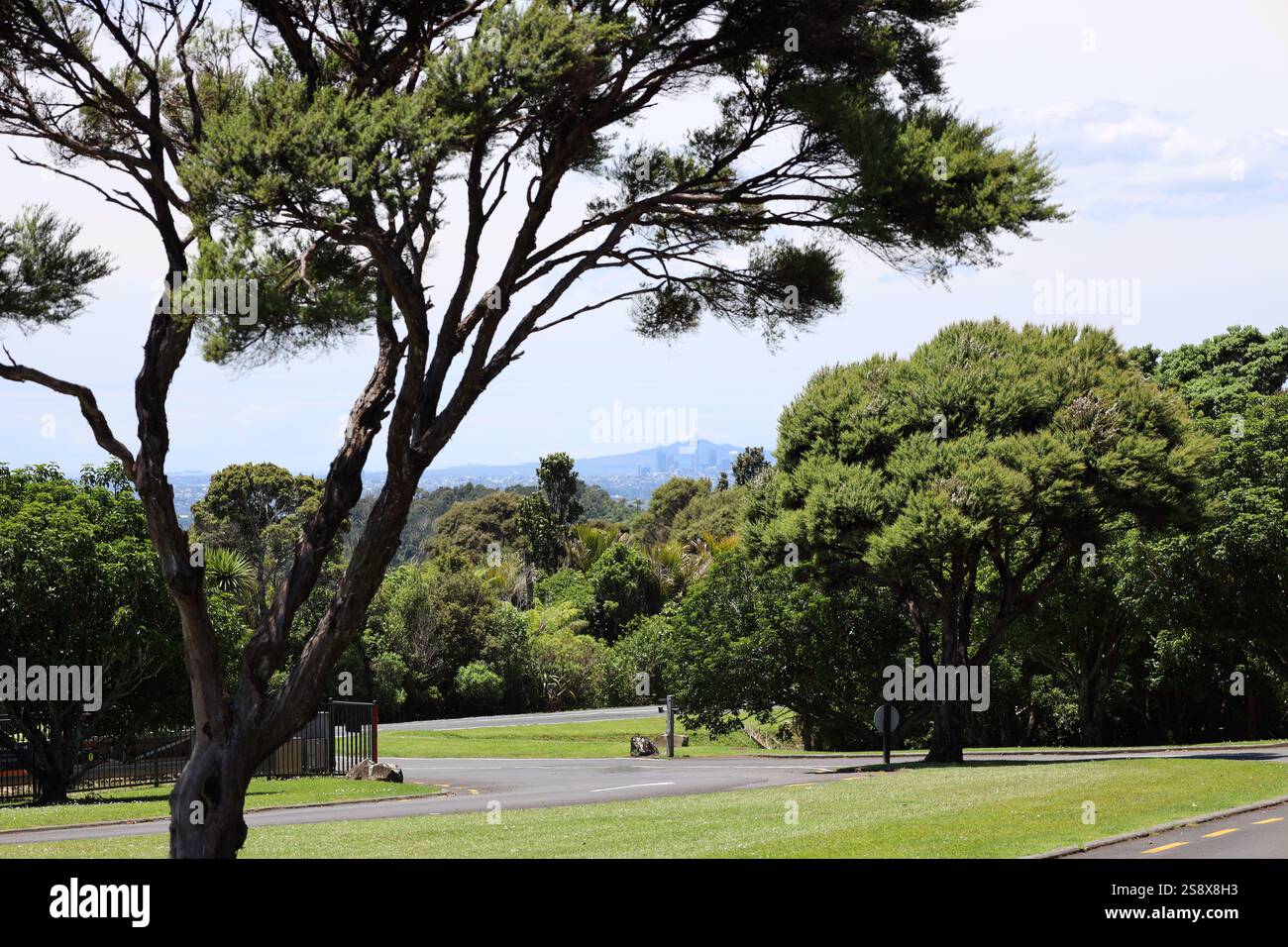 Gepflasterte Auffahrt durch eiserne Tore in einen landschaftlich gestalteten Park Stockfoto