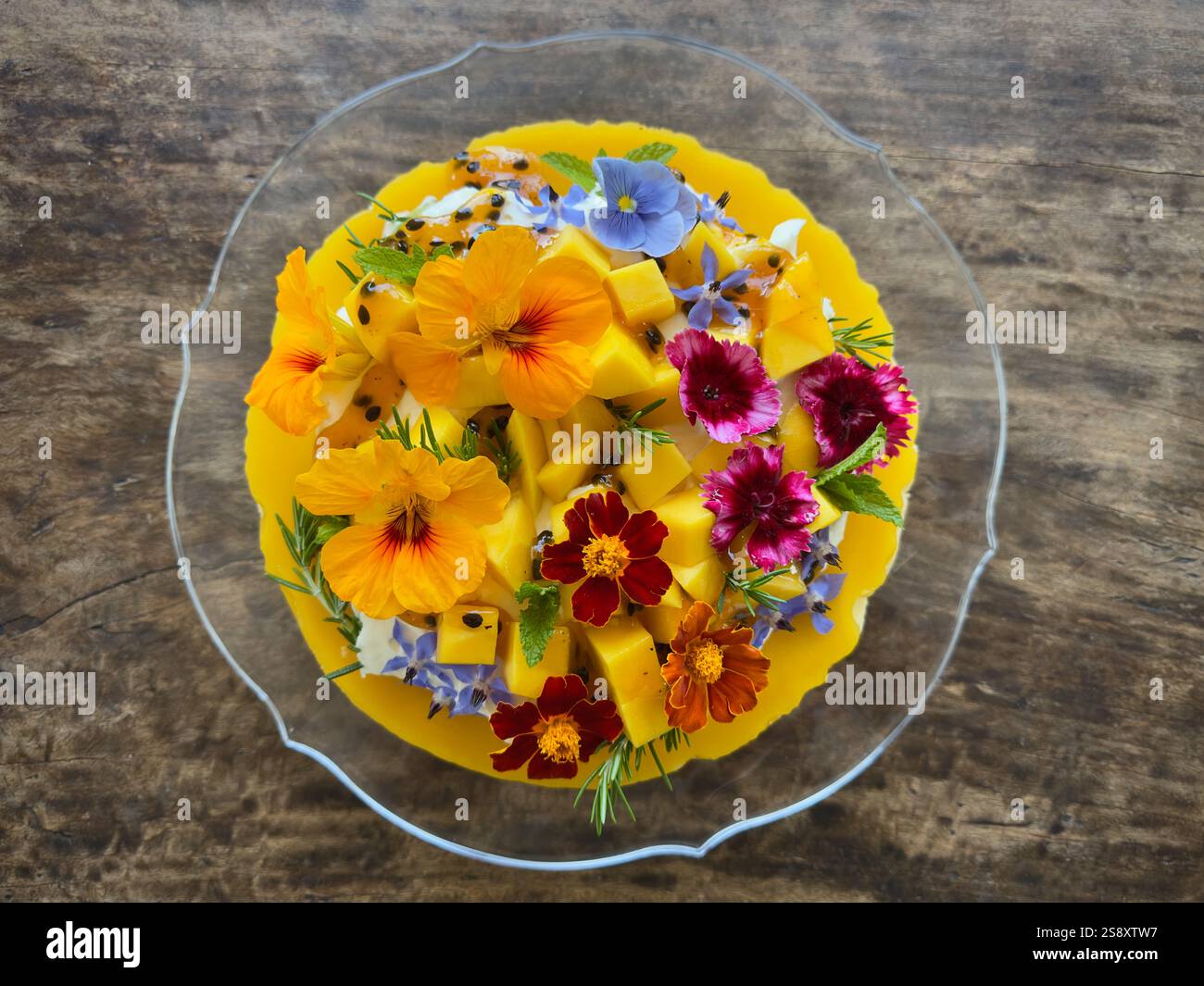 Wunderschöner Mango-Käsekuchen mit einer Gelee-Schicht, Schlagsahne, Passionsfruchtsauce, gewürfeltem frischem Obst und einer Auswahl an bunten essbaren Blumen - Smartphone-aufgenommenes Stockfoto