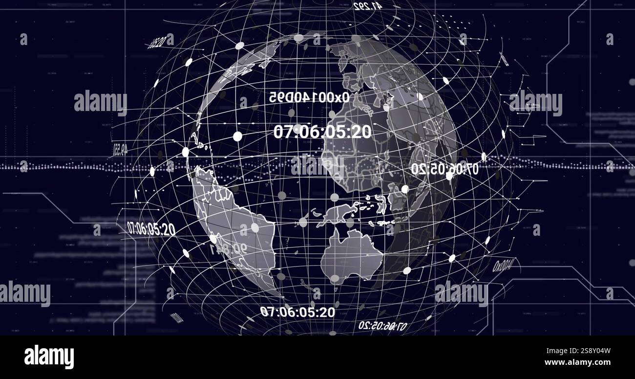 Bild globaler Netzwerkverbindungen und Datenpunkte über Weltkarte Stockfoto