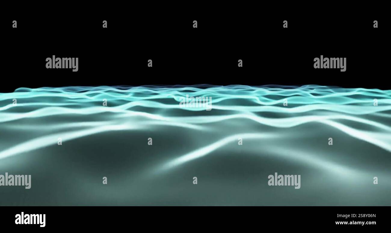 Leuchtende Wellen werden über dunklem Hintergrund dargestellt und erzeugen einen futuristischen Ozeaneffekt Stockfoto