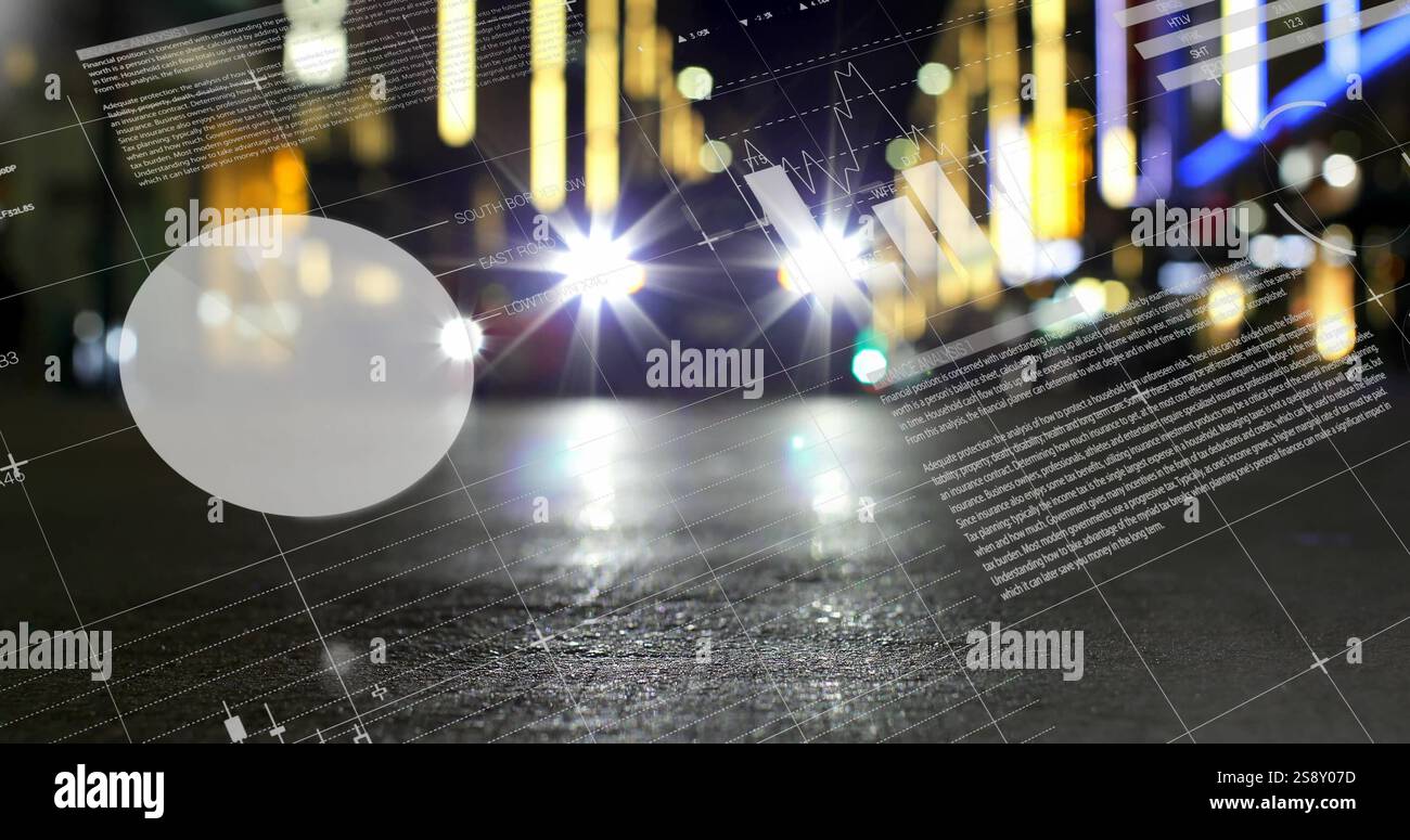 Bild der globalen Datenanalyse über verschwommenen Straßen mit Autoscheinwerfern Stockfoto