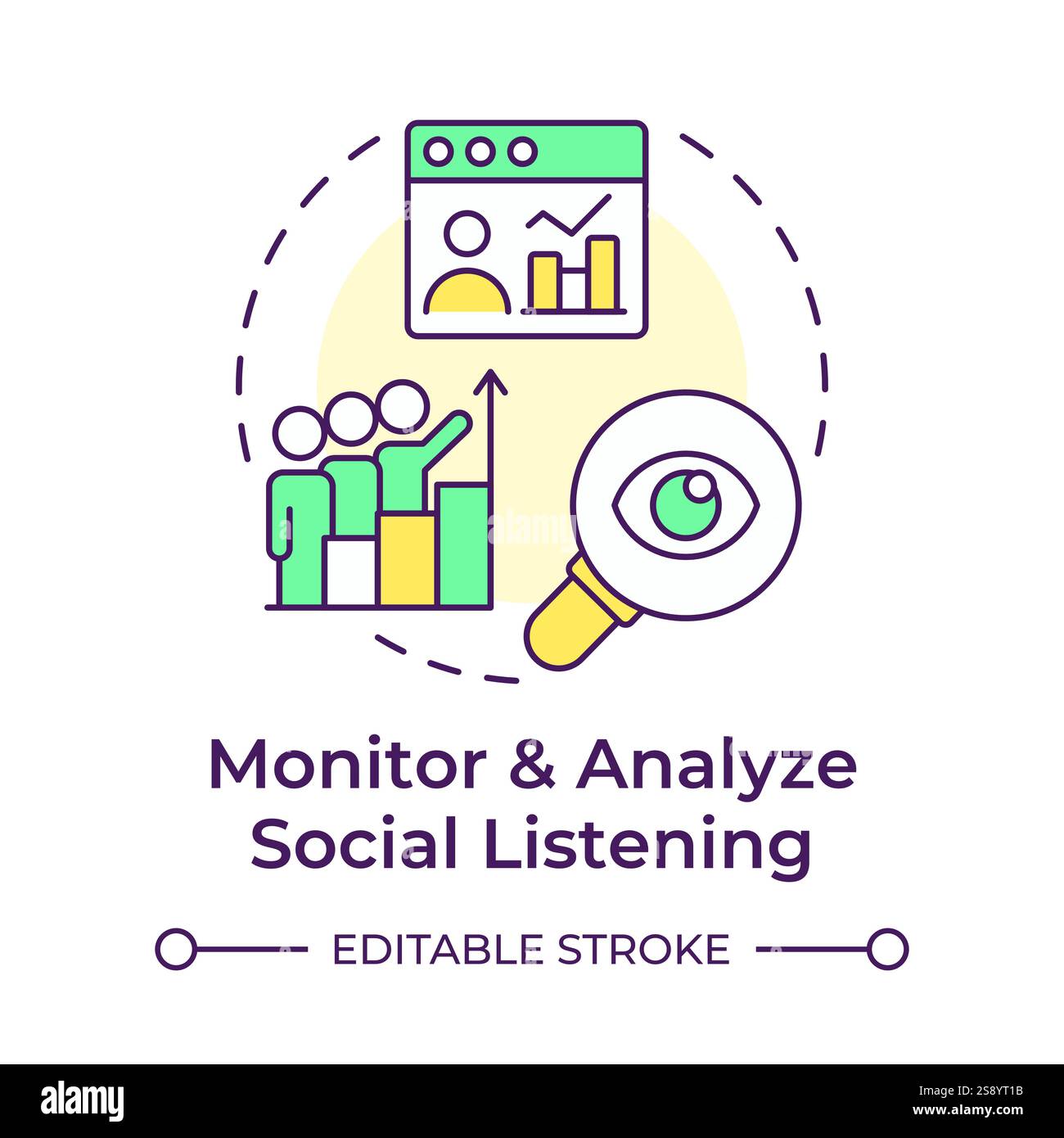 Multi-Color-Concept-Symbol zur Überwachung und Analyse von Social Listening Stock Vektor