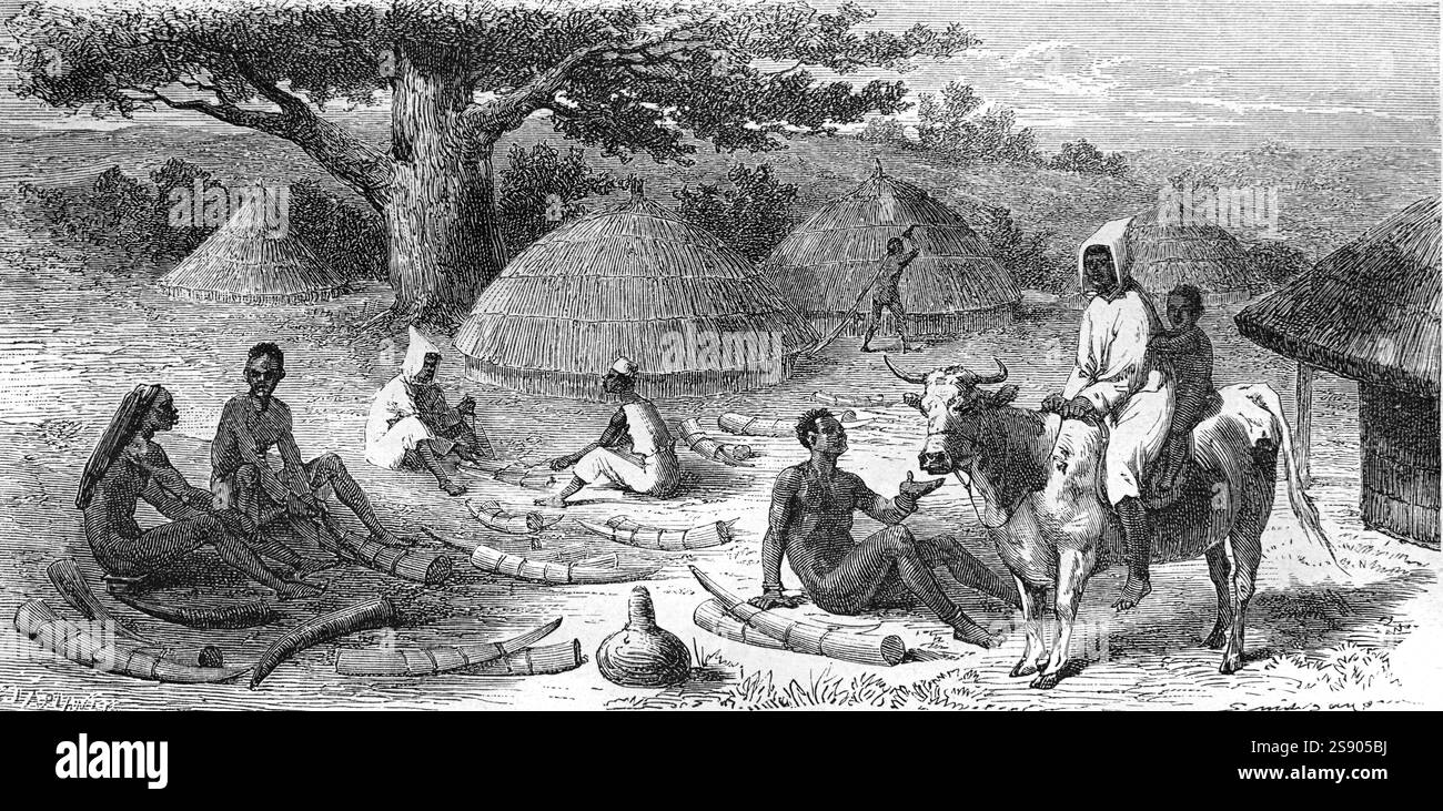 Osmanische türkische Händler oder Türken mit afrikanischen Arbeitern, die Elfenbeinstoßzähne oder Hörner vorbereiten, in der Nähe von Gondokoro, einer Handelsstation oder Handelsposten im Südsudan Zentralafrika. Vintage oder historische Gravur oder Illustration 1864 Stockfoto
