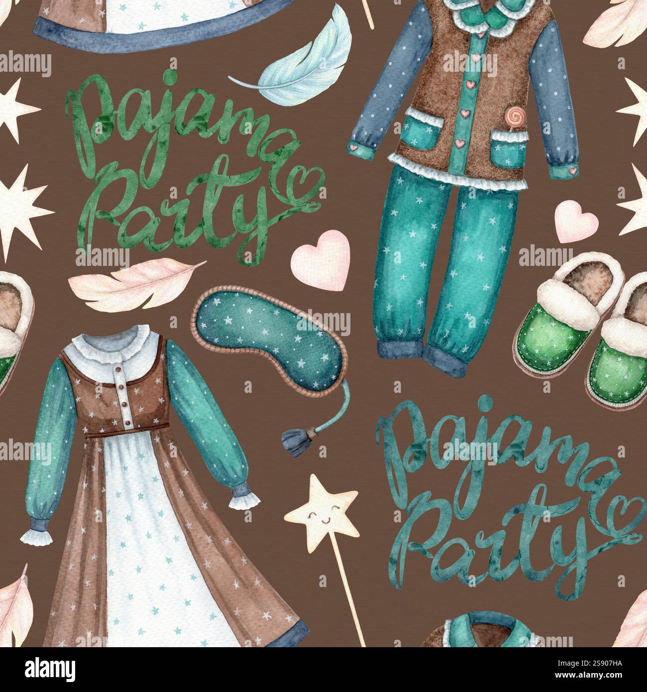 Pyjama-Party-Schriftzug mit nahtlosem Muster aus Nachtwäsche und Hausschuhen im Cartoon-Stil. Handgezeichnete Aquarellillustration auf braunem Hintergrund Stockfoto