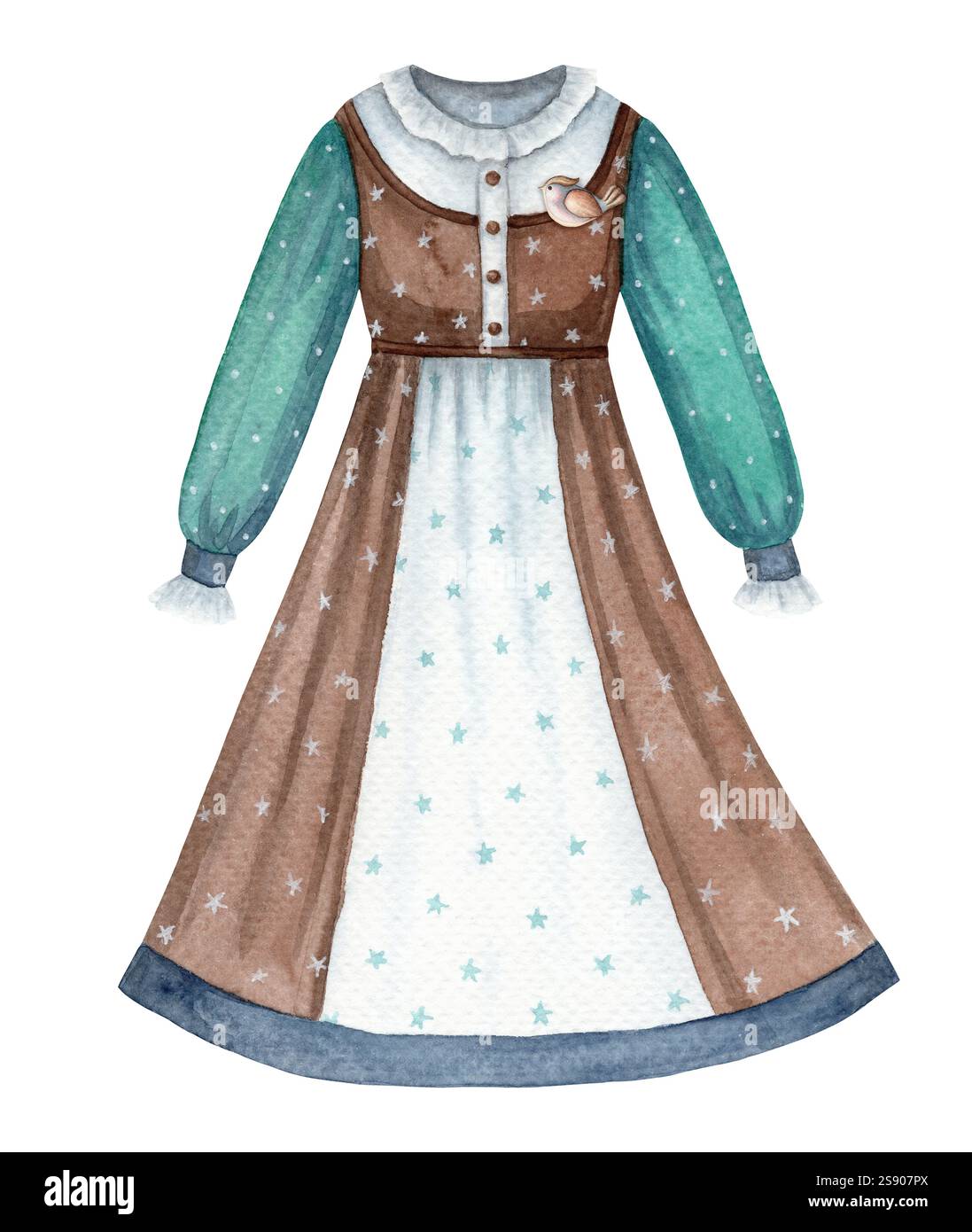 Nachthemd Petrol und braune niedliche Baby-Illustration im Cartoon-Stil. Handgezeichnete Aquarell-Nachtkleidung für Kinder mit Lutscher. Perfekt für den Einsatz für Stockfoto