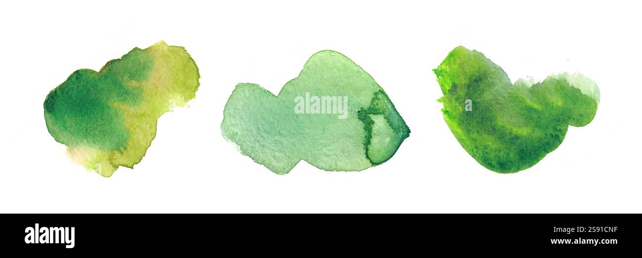 Leuchtend grüne Aquarellspritzer in Erdtönen und natürlichen Texturen. Ideal für umweltfreundliche Designs, botanische Kunst oder naturinspirierte Kunst Stockfoto