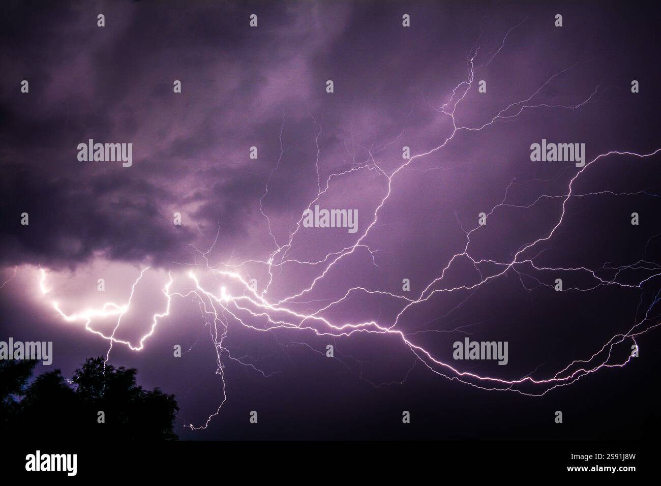 Wolken-zu-Wolken-Blitze von hinter den Wolken wie Spinnenbeine Stockfoto