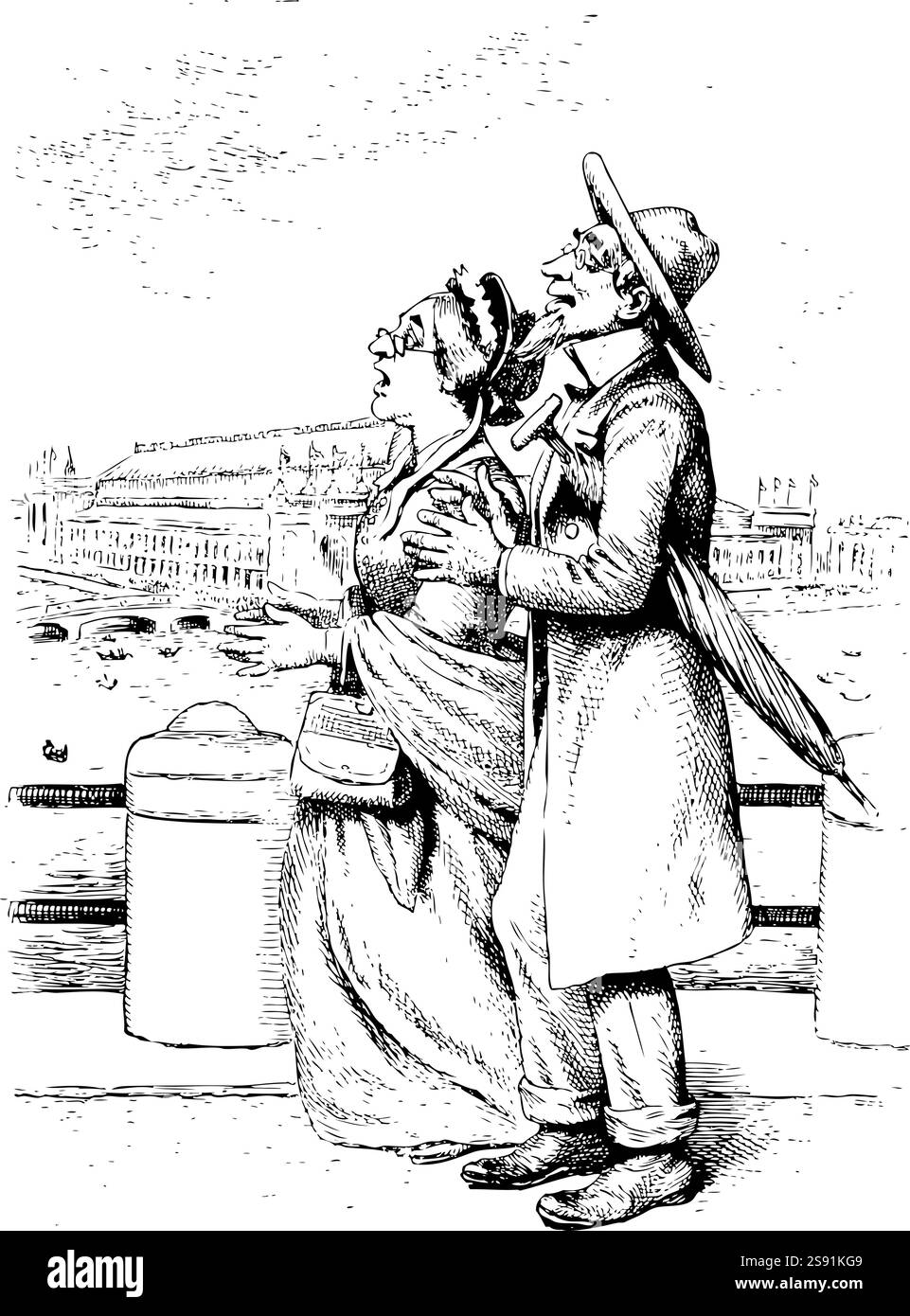 Zwei ältere Leute, spazieren gehen, nach oben schauen. In Profil, 1800er Jahre Jahre Jahre Kleidung, Linienzeichnung Stock Vektor