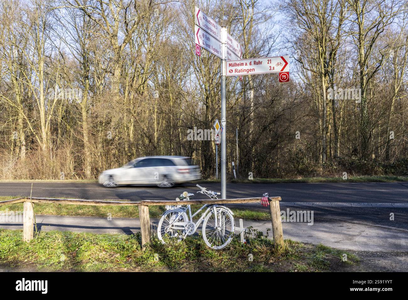 Geisterrad auf der Kalkumer Schlossallee in Düsseldorf-Kalkum, wo ein Radfahrer beim Überqueren der Straße von einem Auto getroffen und getötet wurde, das Geisterrad Stockfoto