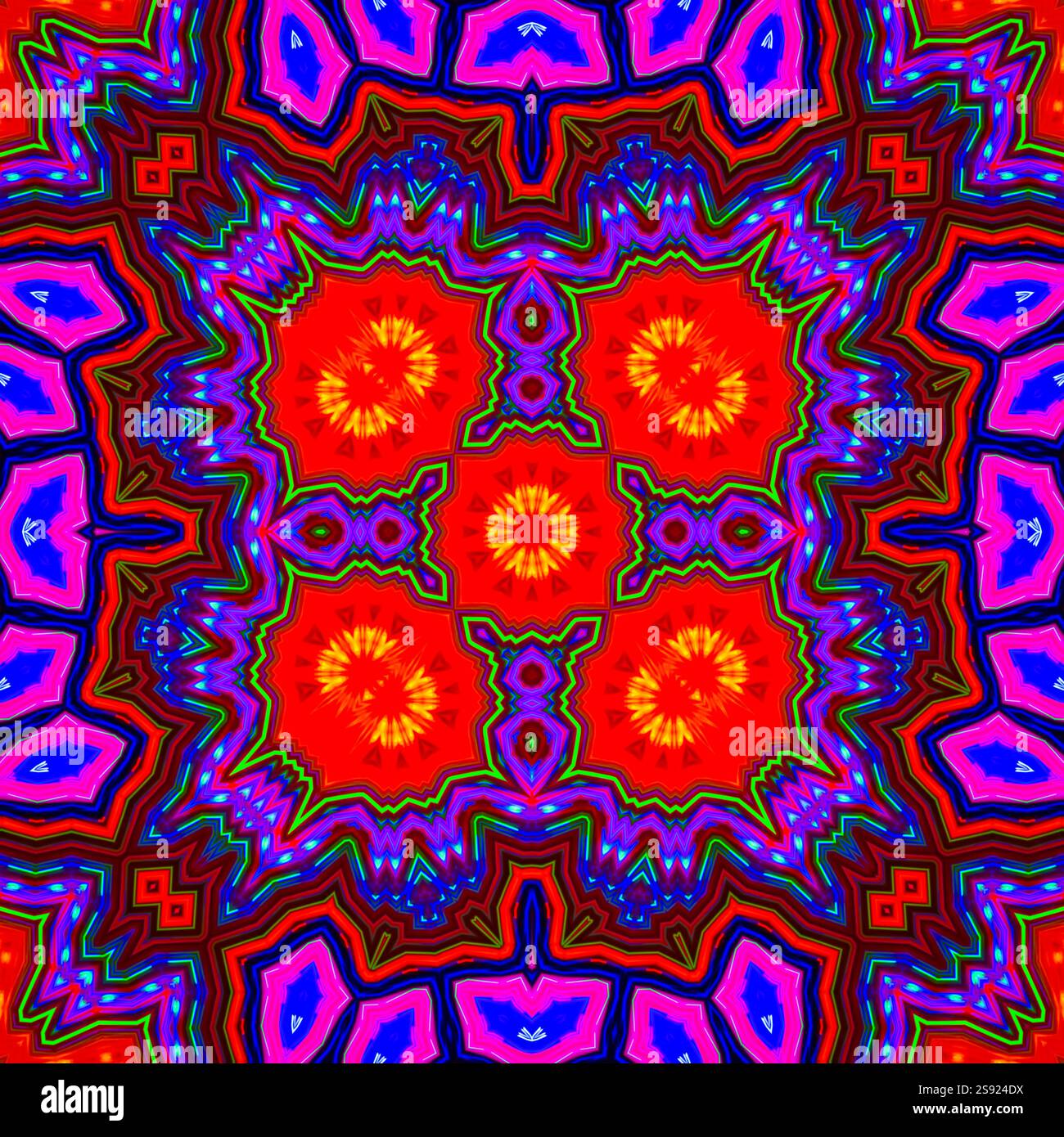 Ein einzigartiges Kaleidoskop aus einem Foto. Abstrakter Kaleidoskophintergrund. Wunderschönes psychedelisches Kreismuster. Mehrfarbige geometrische Textur Stockfoto