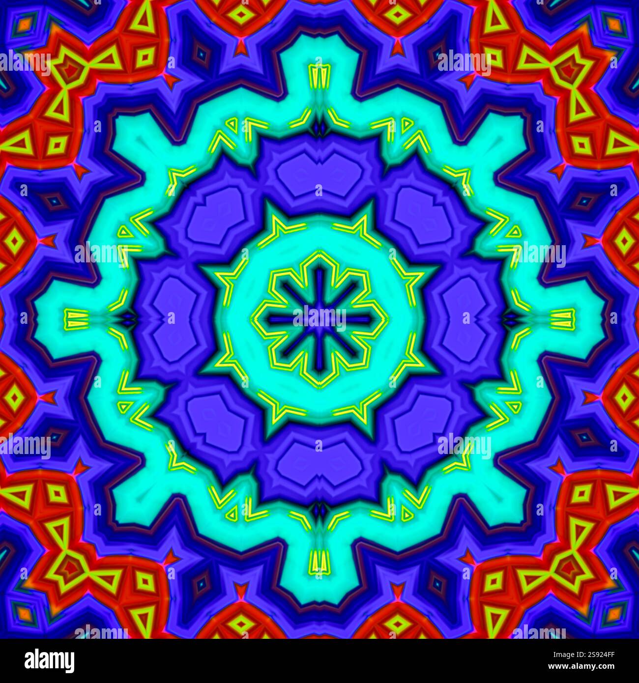 Ein einzigartiges Kaleidoskop aus einem Foto. Abstrakter Kaleidoskophintergrund. Wunderschönes psychedelisches Kreismuster. Mehrfarbige geometrische Textur Stockfoto