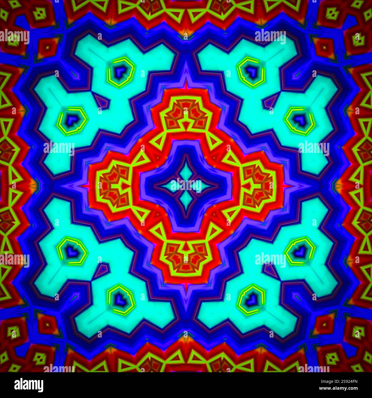 Ein einzigartiges Kaleidoskop aus einem Foto. Abstrakter Kaleidoskophintergrund. Wunderschönes psychedelisches Kreismuster. Mehrfarbige geometrische Textur Stockfoto
