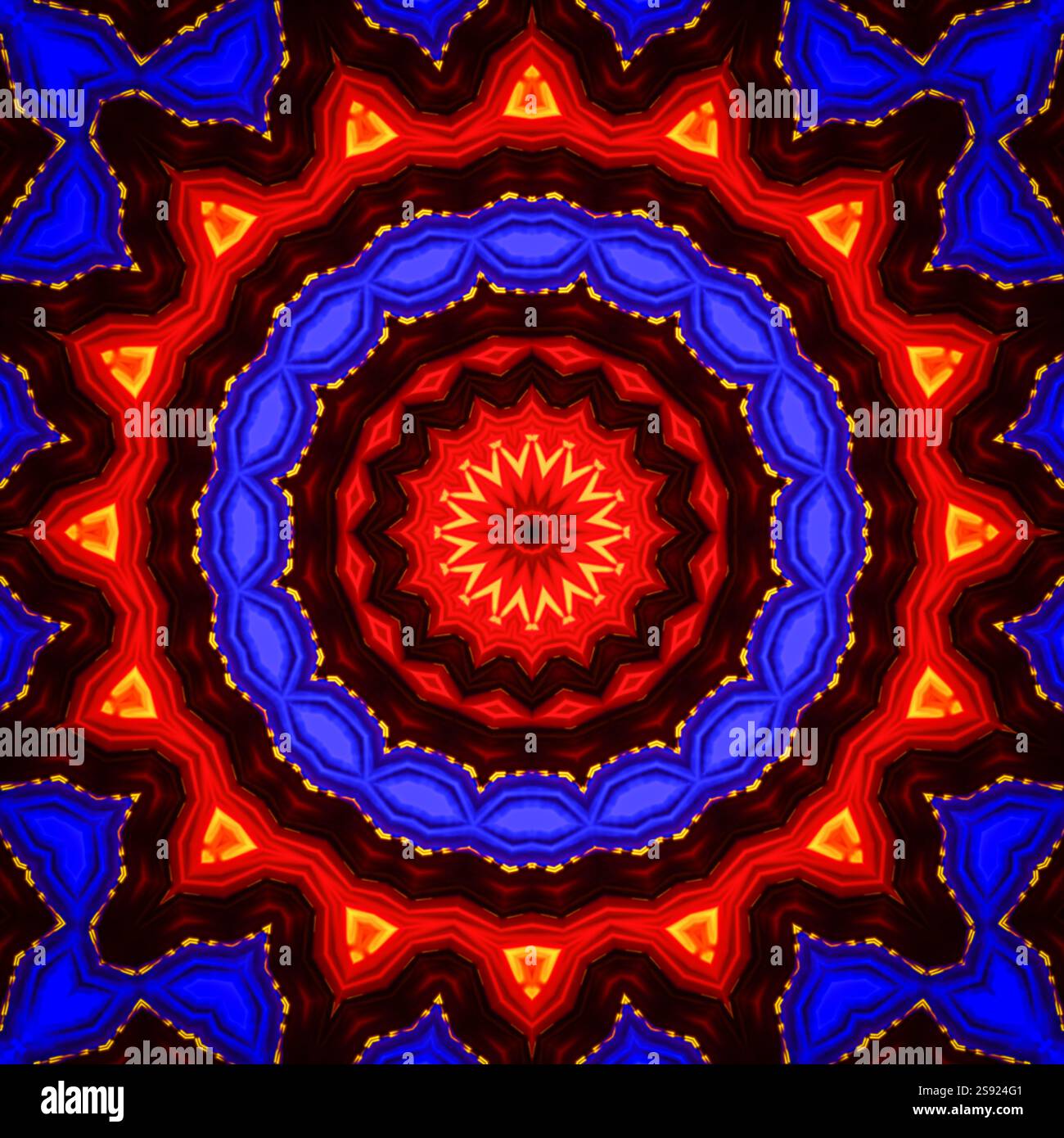 Ein einzigartiges Kaleidoskop aus einem Foto. Abstrakter Kaleidoskophintergrund. Wunderschönes psychedelisches Kreismuster. Mehrfarbige geometrische Textur Stockfoto