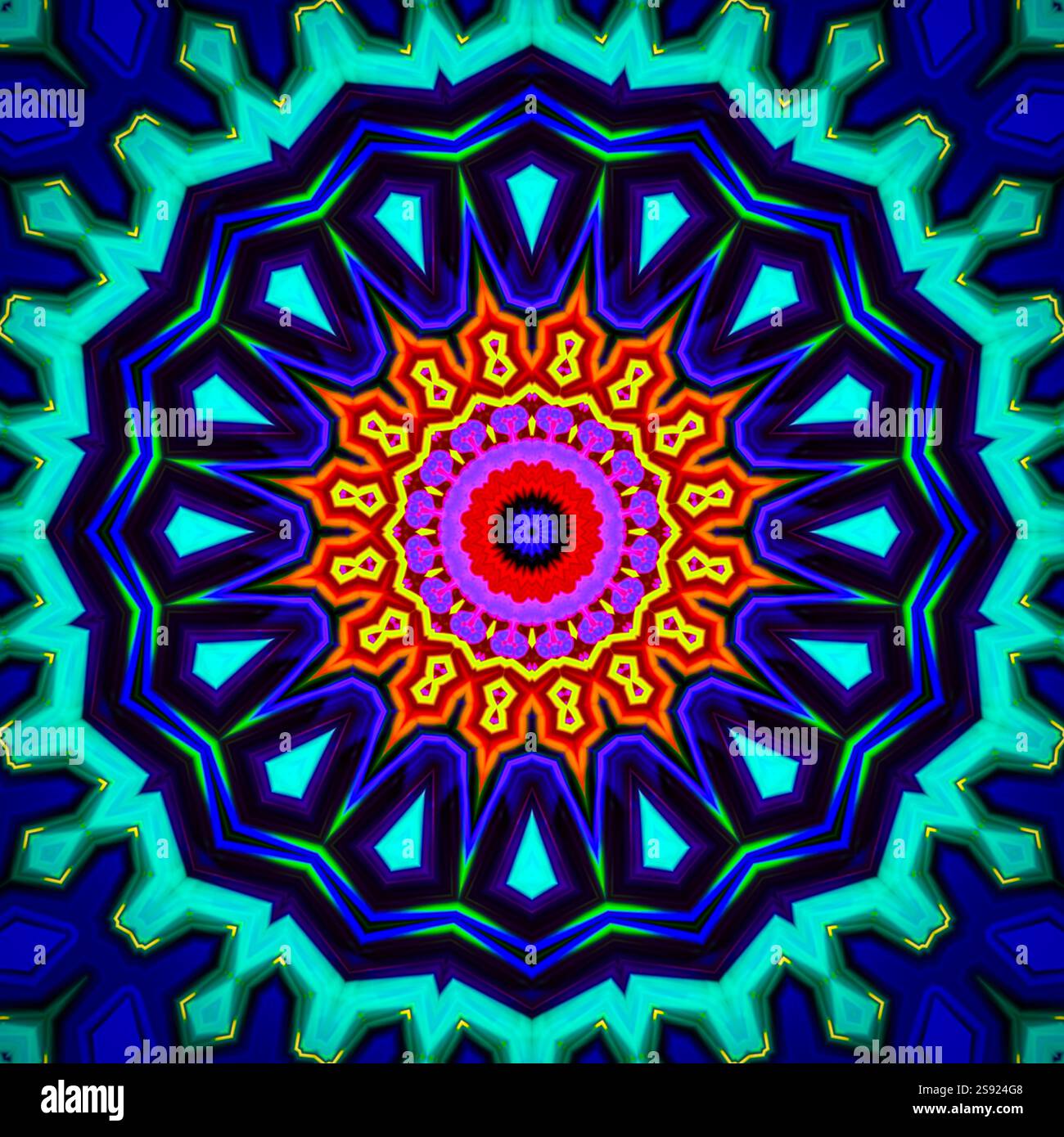 Ein einzigartiges Kaleidoskop aus einem Foto. Abstrakter Kaleidoskophintergrund. Wunderschönes psychedelisches Kreismuster. Mehrfarbige geometrische Textur Stockfoto