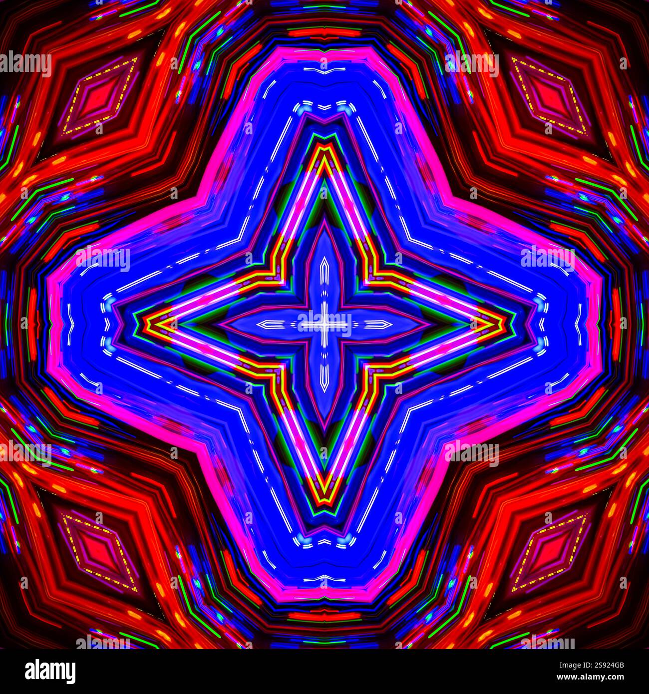 Ein einzigartiges Kaleidoskop aus einem Foto. Abstrakter Kaleidoskophintergrund. Wunderschönes psychedelisches Kreismuster. Mehrfarbige geometrische Textur Stockfoto