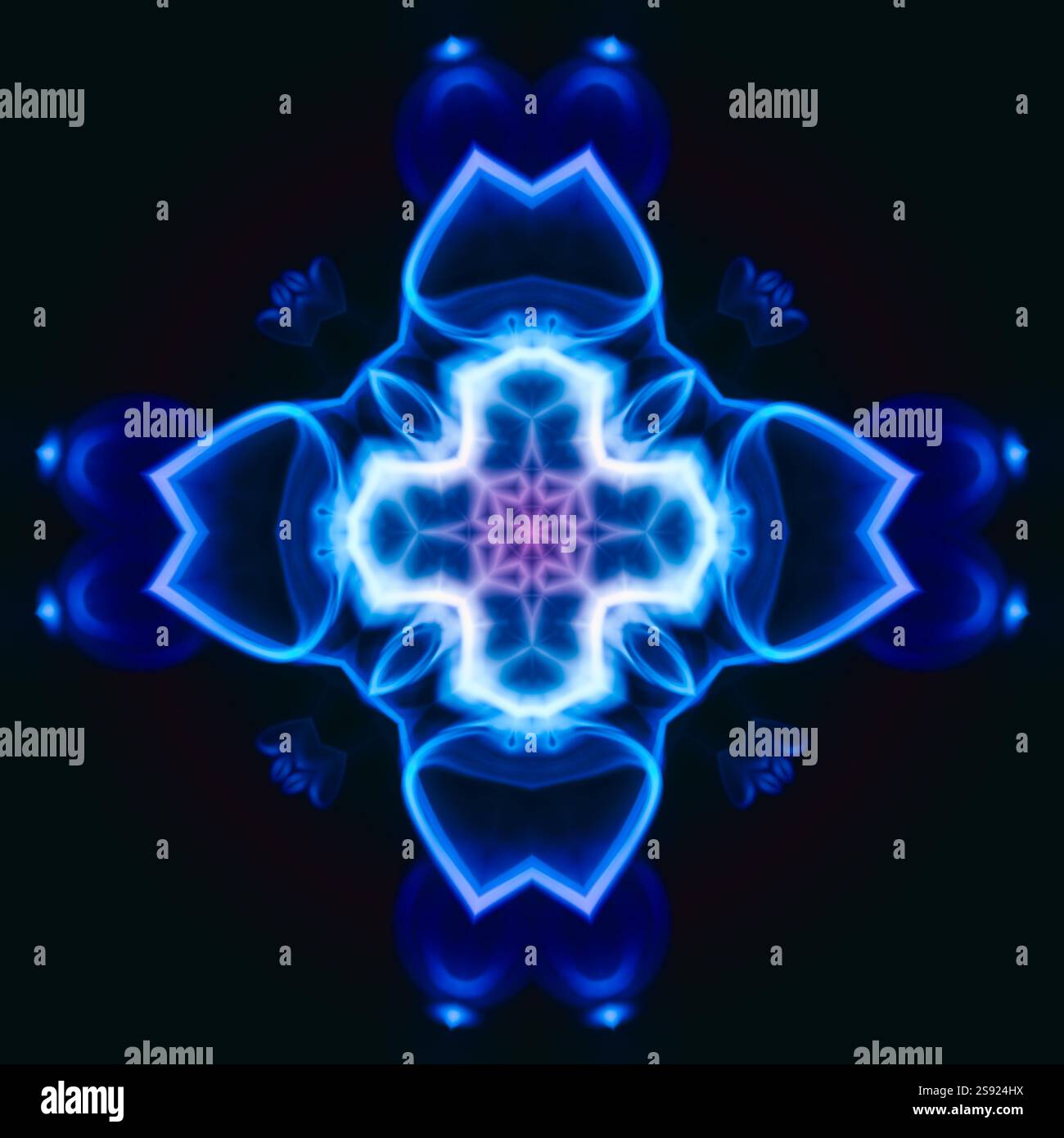 Ein einzigartiges Kaleidoskop aus einem Foto. Abstrakter Kaleidoskophintergrund. Wunderschönes psychedelisches Kreismuster. Mehrfarbige geometrische Textur Stockfoto