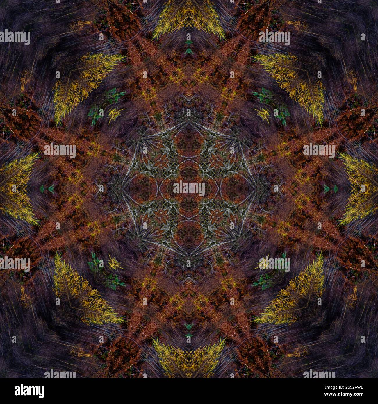 Ein einzigartiges Kaleidoskop aus einem Foto. Abstrakter Kaleidoskophintergrund. Wunderschönes psychedelisches Kreismuster. Mehrfarbige geometrische Textur Stockfoto