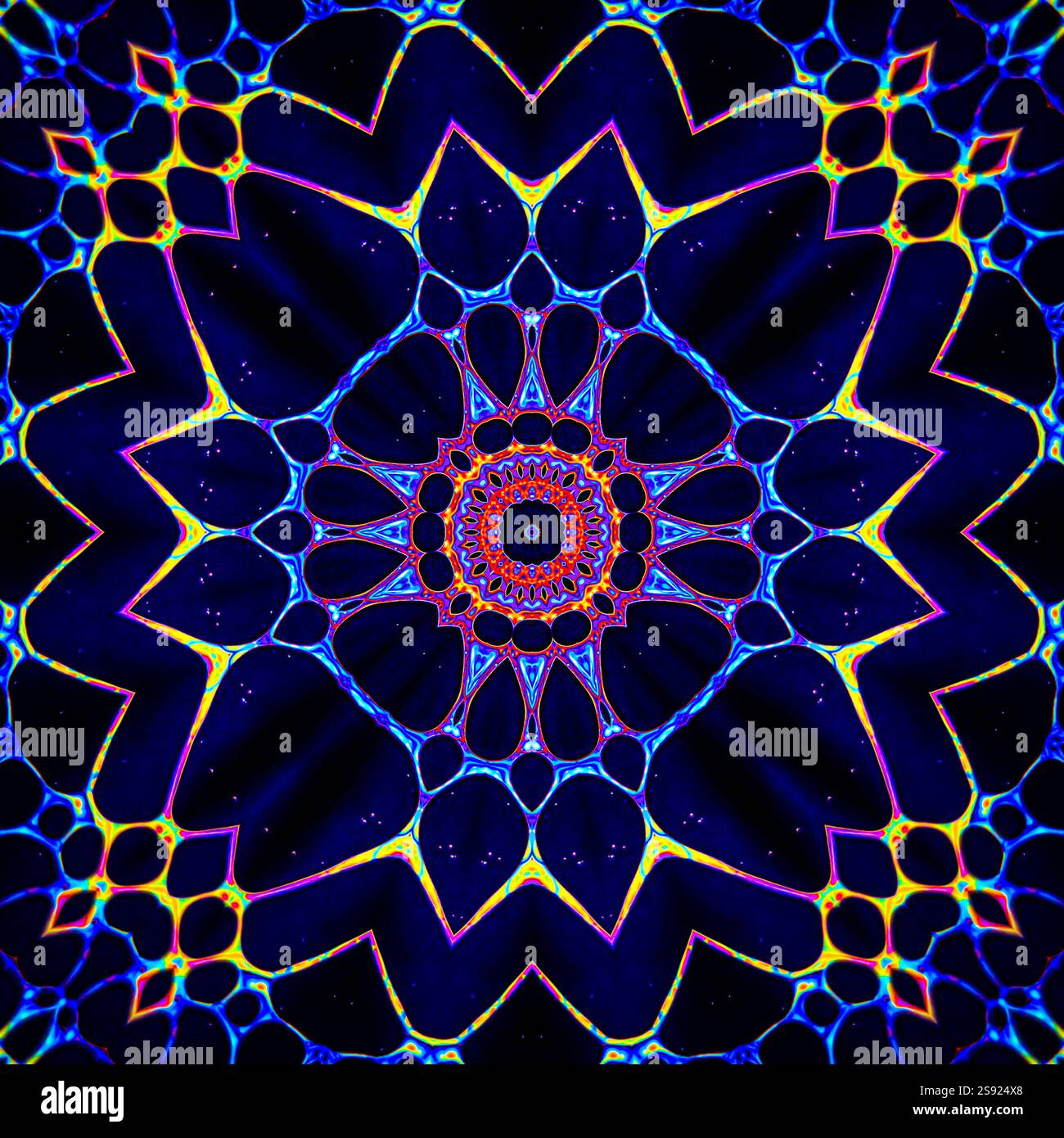 Ein einzigartiges Kaleidoskop aus einem Foto. Abstrakter Kaleidoskophintergrund. Wunderschönes psychedelisches Kreismuster. Mehrfarbige geometrische Textur Stockfoto