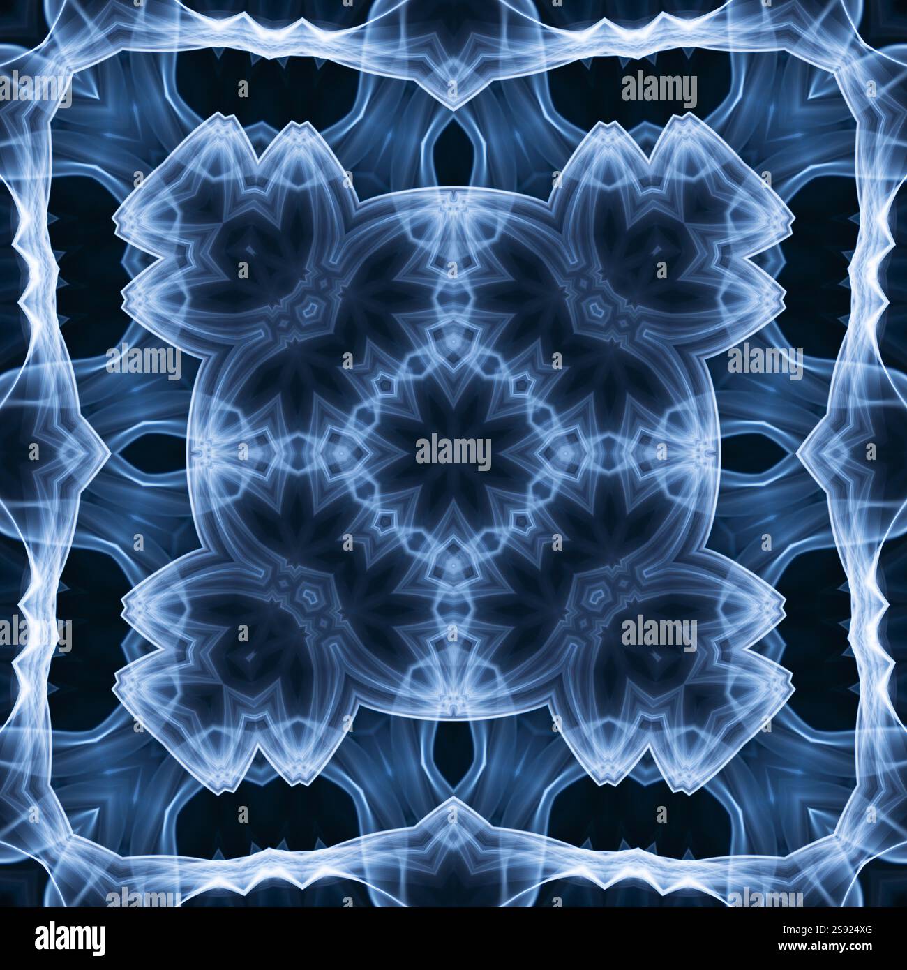 Ein einzigartiges Kaleidoskop aus einem Foto. Abstrakter Kaleidoskophintergrund. Wunderschönes psychedelisches Kreismuster. Mehrfarbige geometrische Textur Stockfoto