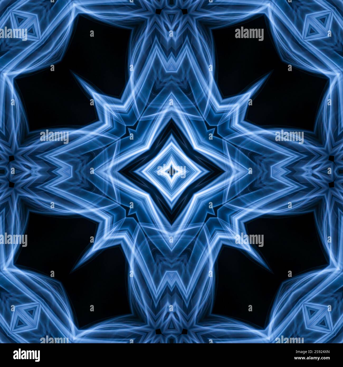 Ein einzigartiges Kaleidoskop aus einem Foto. Abstrakter Kaleidoskophintergrund. Wunderschönes psychedelisches Kreismuster. Mehrfarbige geometrische Textur Stockfoto