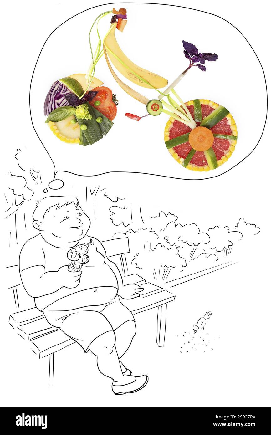 Obst und Gemüse in Form eines Fahrrades im Traum eines fetten Menschen Stockfoto