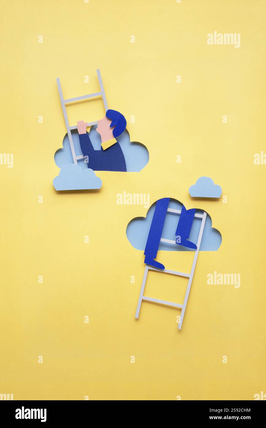 Kreatives Konzeptfoto einer männlichen Kletterleiter aus Papier auf gelbem Hintergrund Stockfoto