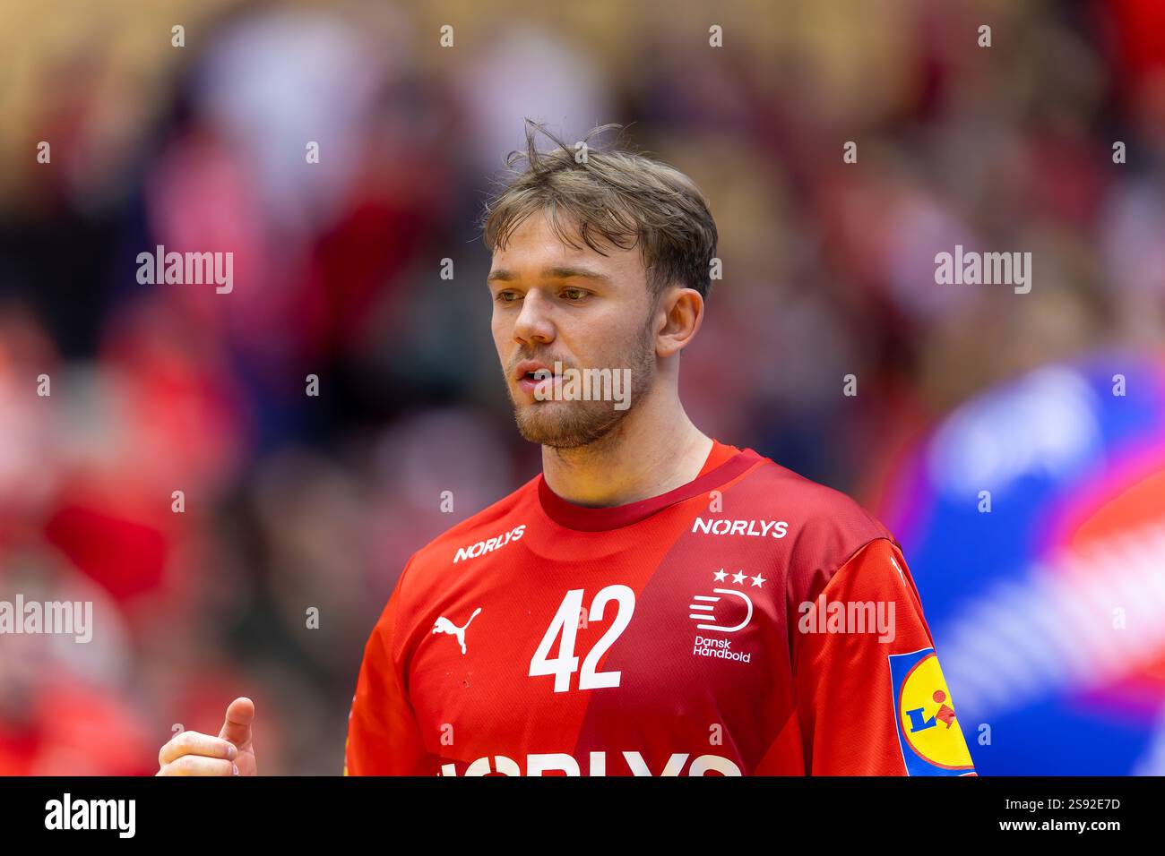 Herning, Dänemark. Januar 2025. Thomas Arnoldsen (42) aus Dänemark wurde 2025 beim IHF Handball-WM-Spiel der Männer zwischen Dänemark und der Schweiz bei Jyske Bank Boxen in Herning gesehen. Stockfoto