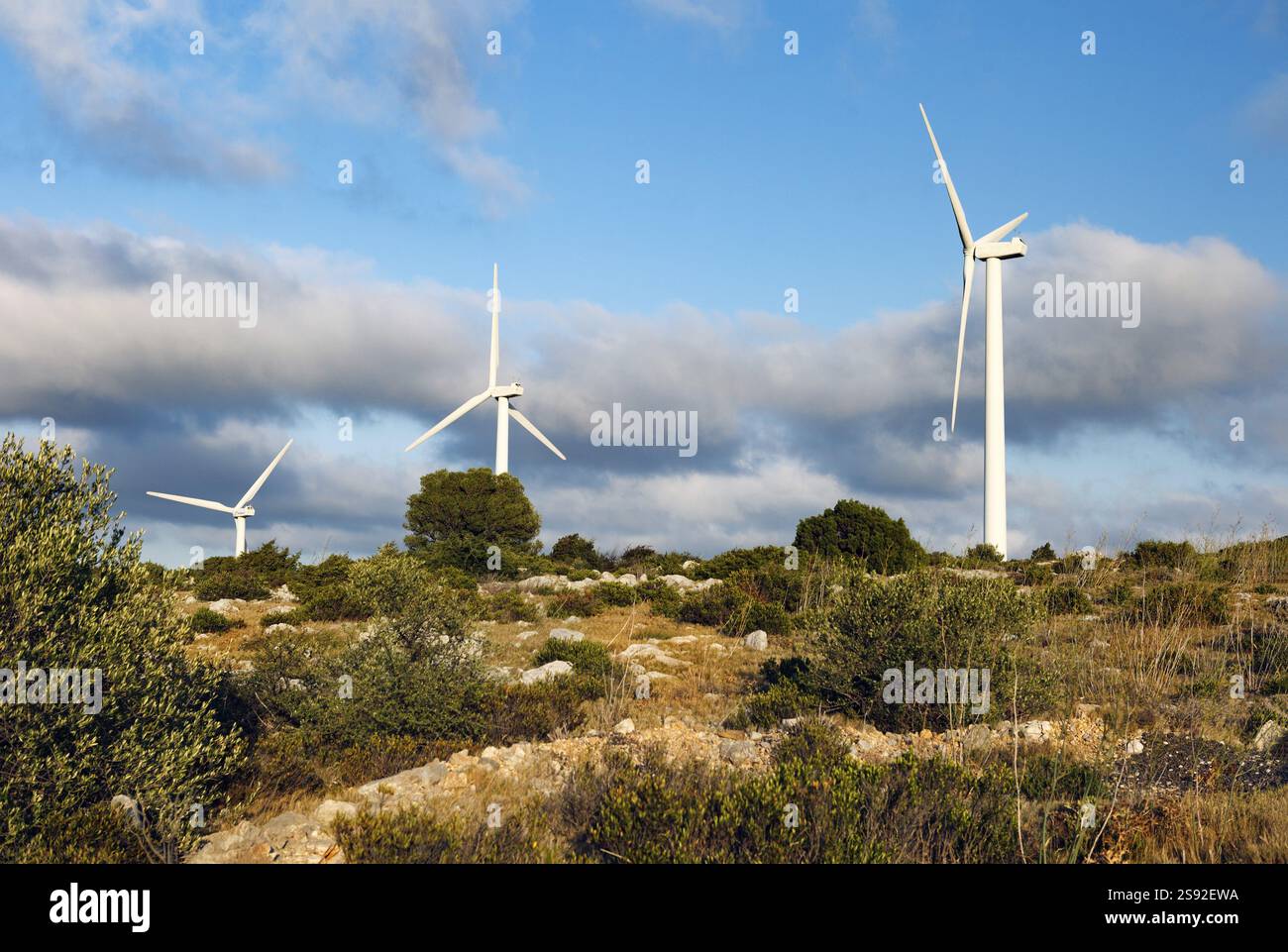 Windkraftwerk zur Stromerzeugung. Erzeugung alternativer Energien Stockfoto