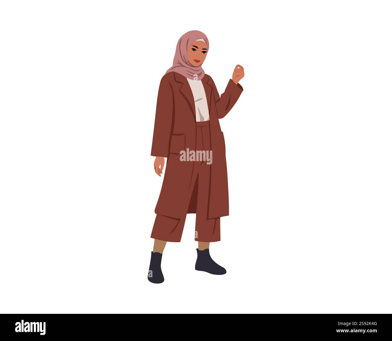 Moderne muslimische Frau in stilvoller, bescheidener Mode mit Hijab und braunem Outfit Stock Vektor