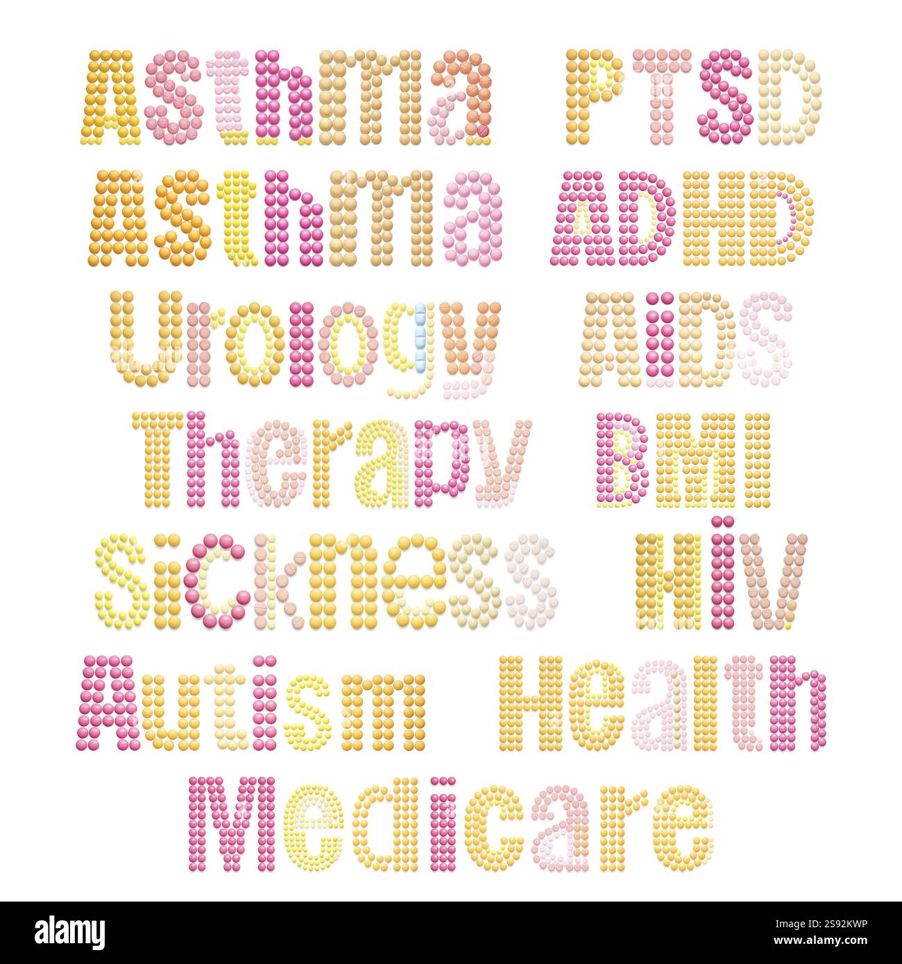 Kreativmedizin und Gesundheitskonzept Set von Pillen in Form von Krankheiten Titel vor weißem Hintergrund Stockfoto