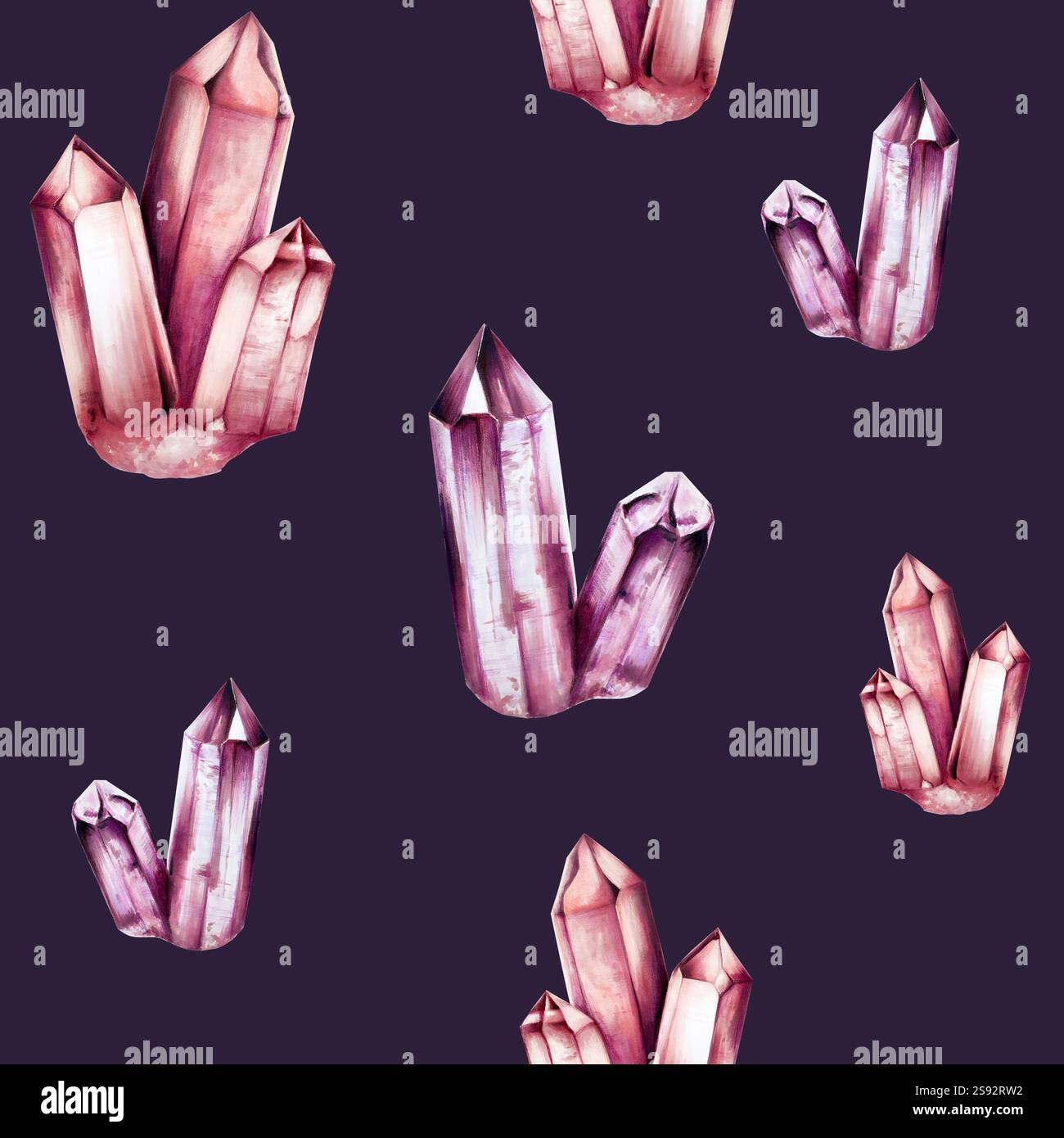 Nahtloses Muster mit handgezeichnetem Edelstein, Aquarellillustration. Agat-, Diamant- und Amethyst-Quarz-Mineral isoliert auf weißem Hintergrund Stockfoto