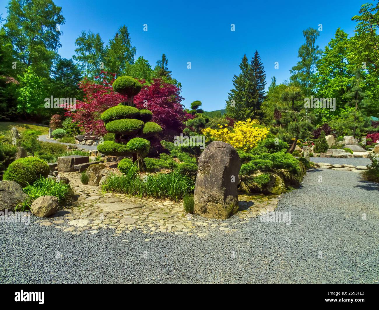 Schöner Garten im japanischen Stil voller Farben und schöner Landschaftsgestaltung. Die Woiwodschaft Niederschlesien in Polen. Stockfoto
