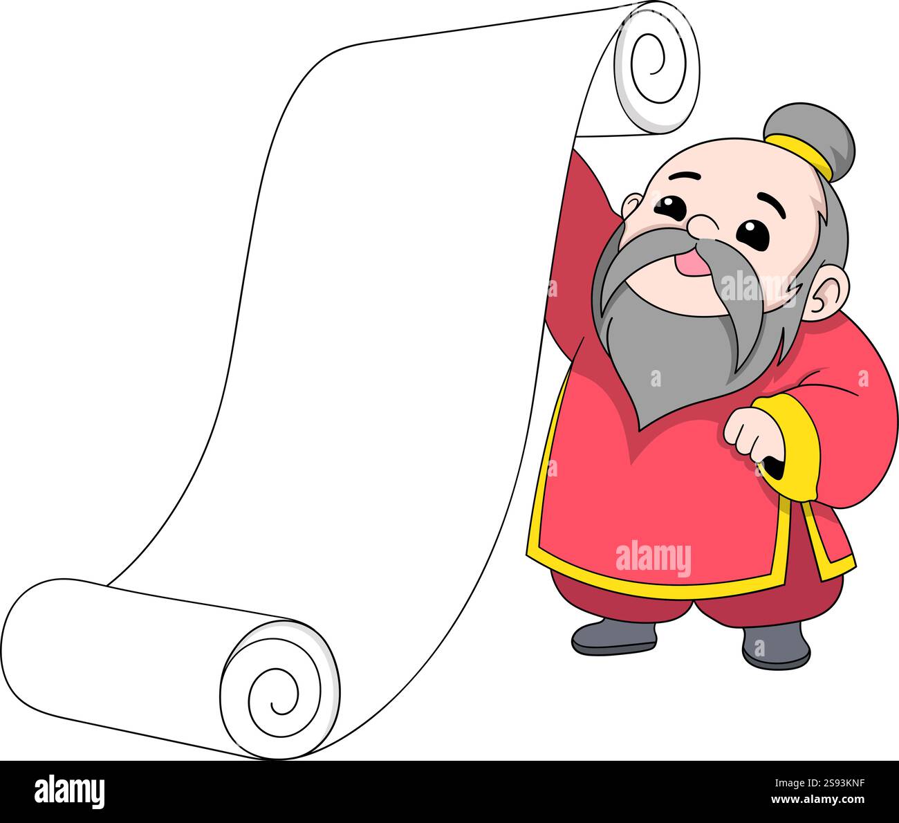 Eine bezaubernde Zeichentrickdarstellung eines älteren chinesischen Ministers in traditionellen roten Gewändern, der eine ungerollte lange Rolle hält, die Weisheit A symbolisiert Stock Vektor