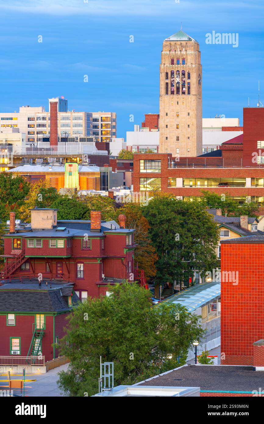 Die Skyline der Stadt Ann Arbor, Michigan, USA in der Dämmerung. Stockfoto