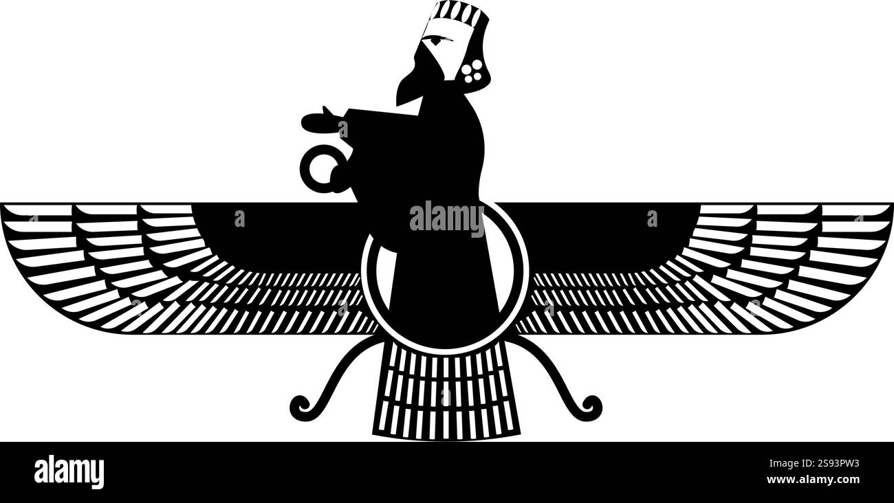 Zoroastrismus Religion Faravahar Zorostrisches Symbol Parsi Icon schwarz Farbe Vektor Illustration Bild flach Stil einfach Stock Vektor