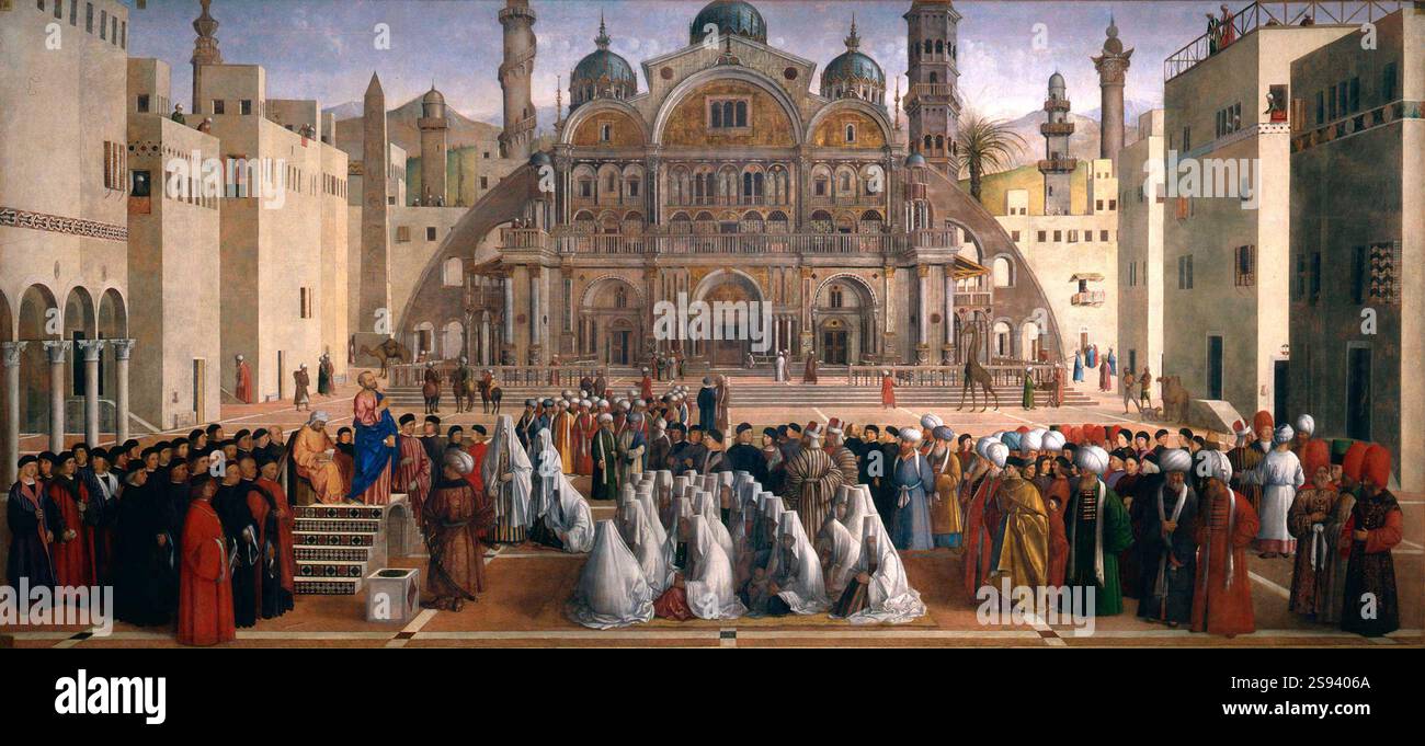 Die Markuspredigt in Alexandria ist ein Ölgemälde der italienischen Renaissance-Künstler Gentile und Giovanni Bellini aus den Jahren 1504–1507 in der Pinacoteca di Brera in Mailand. Stockfoto