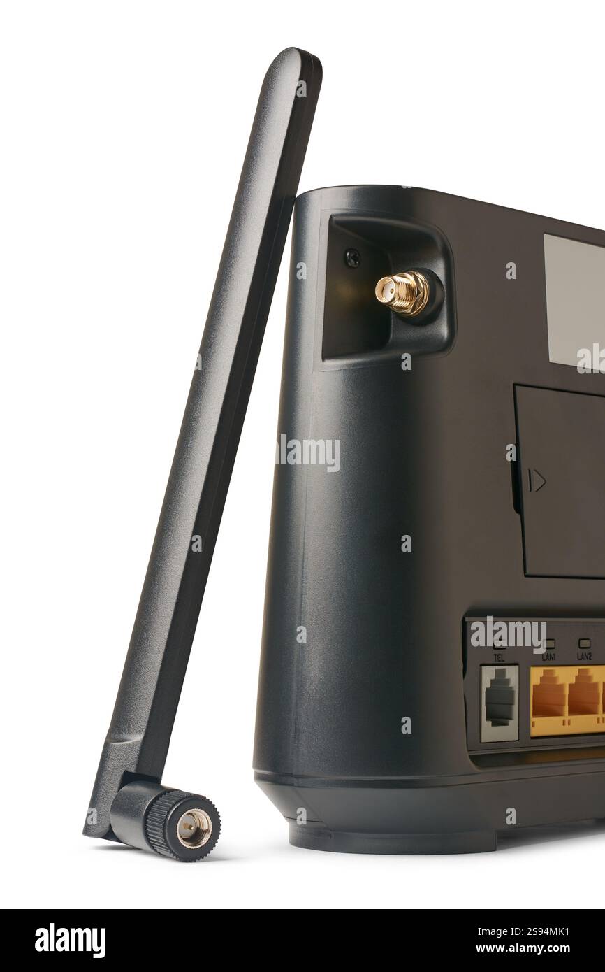 Abgetrennte schwarze vertikale Internet-Router-Antenne isolierter weißer Hintergrund, Verbindung zum Gerät für drahtlose Signalübertragung und -Empfang Stockfoto