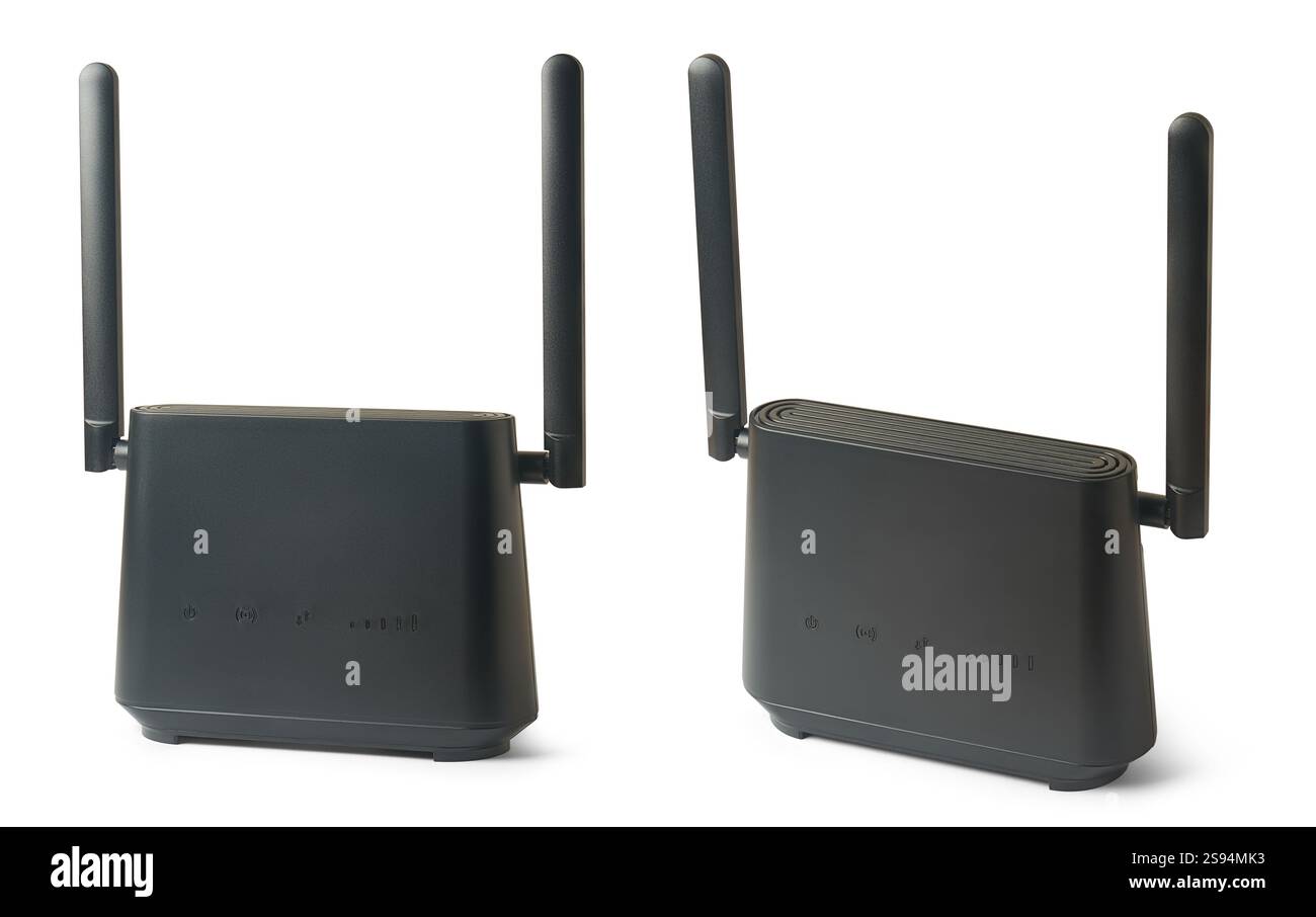 Schwarzer drahtloser Internet-Router mit zwei Antennen, isolierter weißer Hintergrund, Glasfaser-WLAN-Verbindung, rechteckiges Gerät Stockfoto Schwarzer drahtloser Internet-Router mit zwei Antennen, isolierter weißer Hintergrund, Glasfaser-WLAN-Verbindung, rechteckiges Gerät Stockfoto