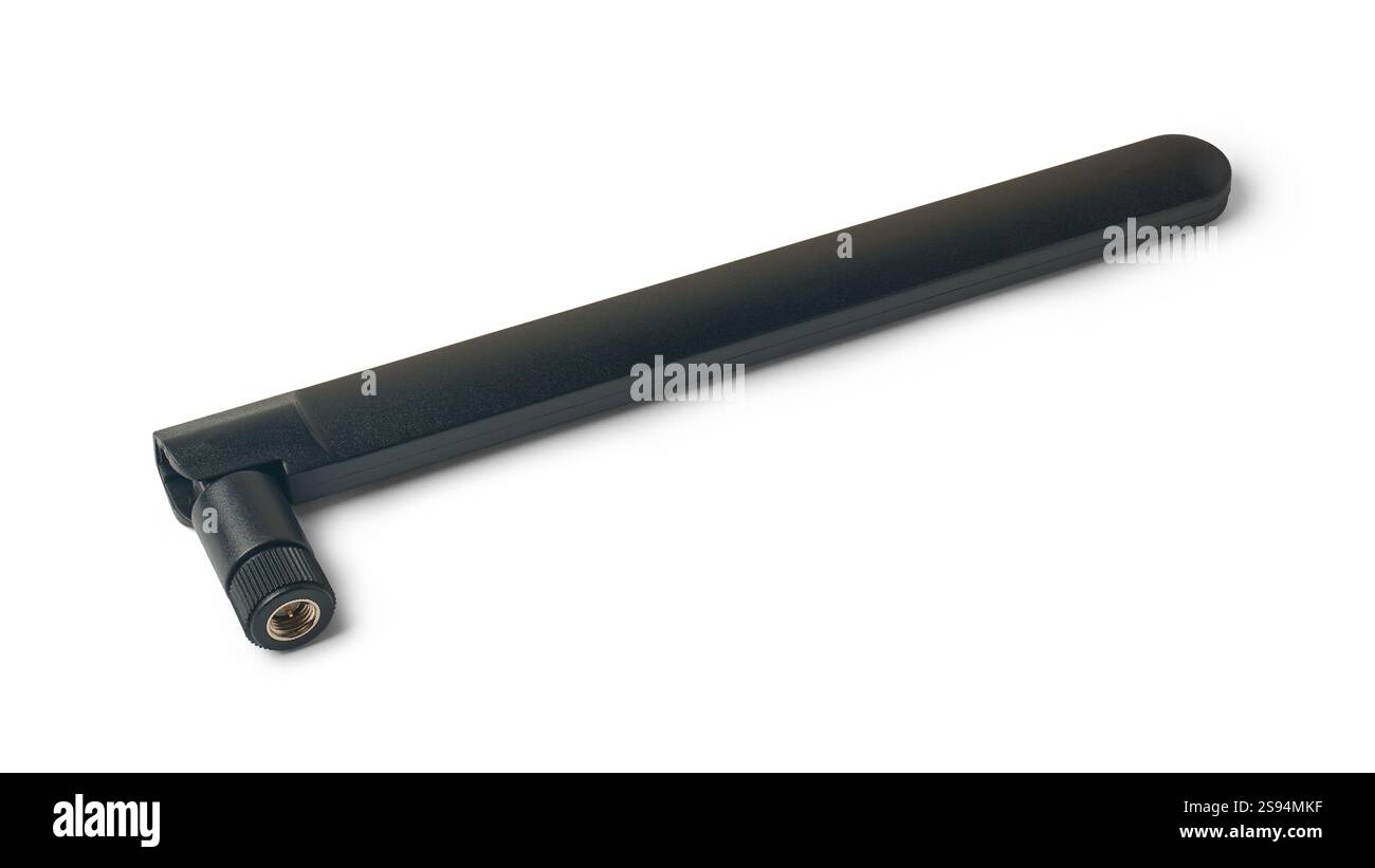 Nahaufnahme einer schwarzen abnehmbaren Glasfaser-wlan-Router-Antenne mit isoliertem weißem Hintergrund, mit SMA-Anschluss und umgekehrter Polarität, 2,4 GHz oder 5 GHz Stockfoto Nahaufnahme einer schwarzen abnehmbaren Glasfaser-wlan-Router-Antenne mit isoliertem weißem Hintergrund, mit SMA-Anschluss und umgekehrter Polarität, 2,4 GHz oder 5 GHz Stockfoto