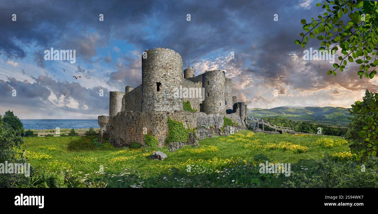 Foto von Harlech Castle, Wales. Harlech Castle ist eine mittelalterliche Burg auf dem 200 Fuß (61 m) hohen Harlech Dome, einem felsigen Hügel mit Blick auf das Meer Stockfoto