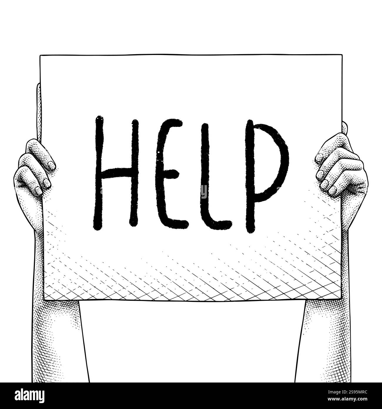 Die Hand hebt ein Schild auf, auf dem die Farbe der Hilfe steht Stock Vektor