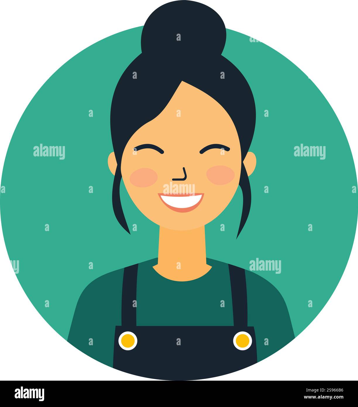 Vektor-Illustration des fröhlichen Ladenassistenten mit blauer Schürze und hoher Brötchenfrisur, Selbstvertrauen und Professionalität Stock Vektor