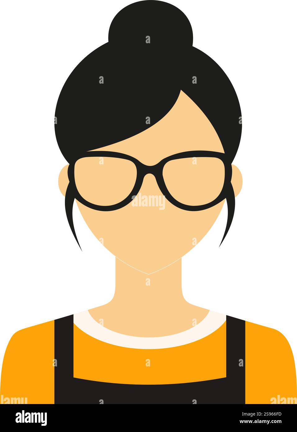 Vektor-Illustration des Verkäufers, der Brille, schwarze Schürze, orangefarbenes Hemd trägt und modernen Einzelhandelsarbeiter darstellt Stock Vektor