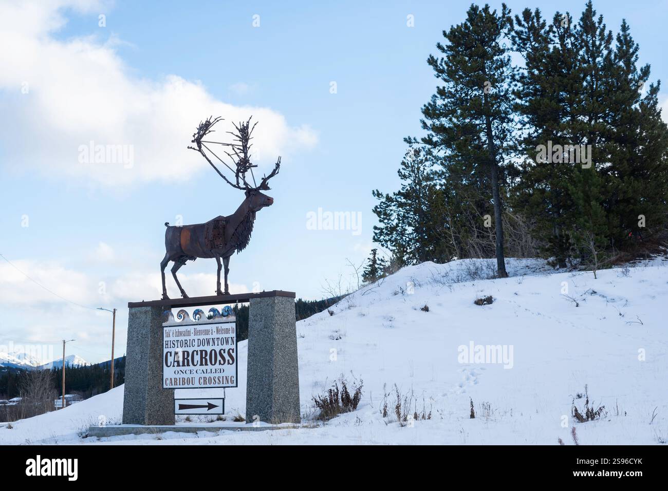 Frau in einem schwarzen Kleid mit Schal an der Küste eines Sees in Carcorss, Yukon, Kanada Stockfoto