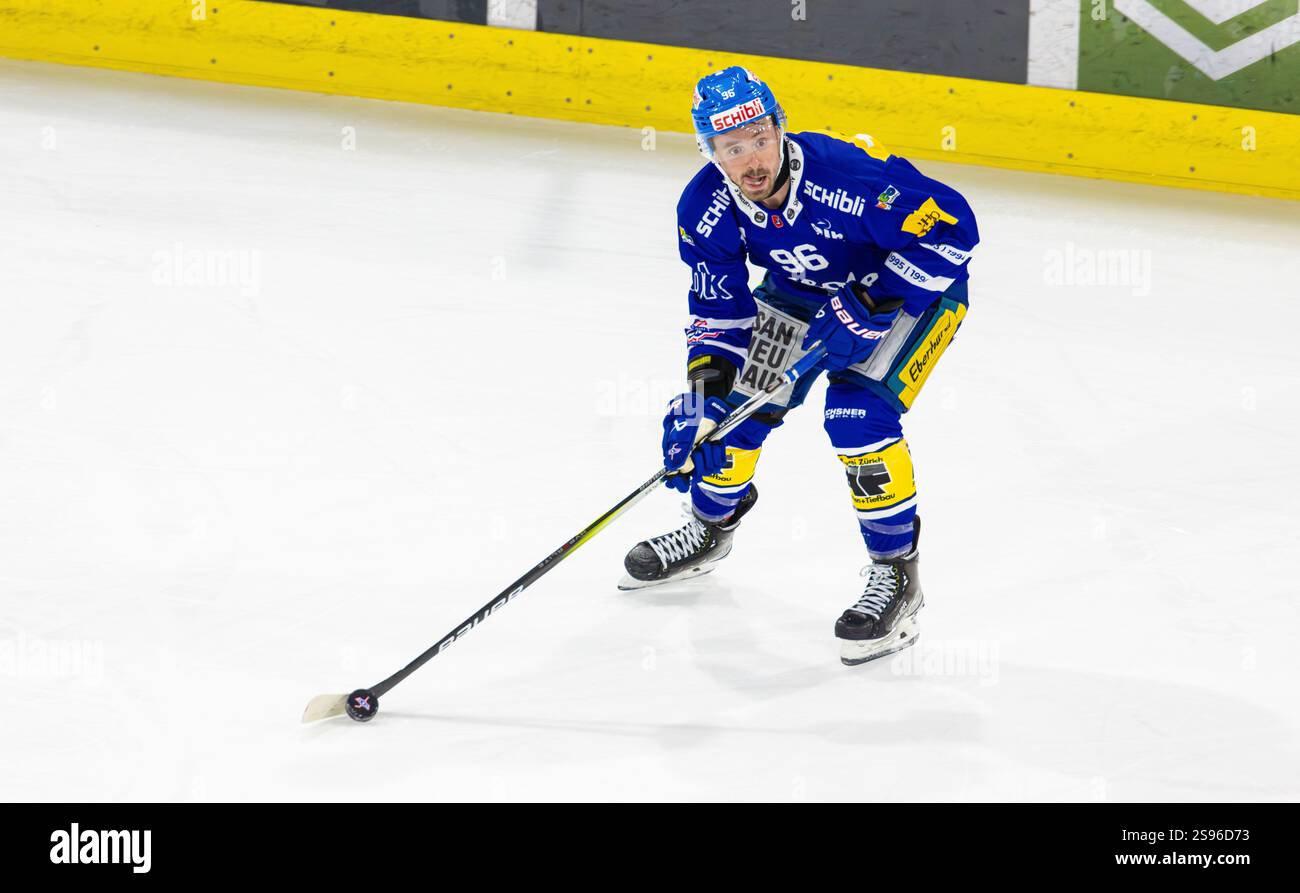 Kloten, Schweiz, 24. Januar 2025: EHC Kloten Stürmer #96 Jayce Hawryluk mit dem Puck in seinem ersten Spiel für seinen neuen Verein. (Foto: Andreas Haas/dieBildmanufaktur) Credit: DieBildmanufaktur/Alamy Live News Stockfoto