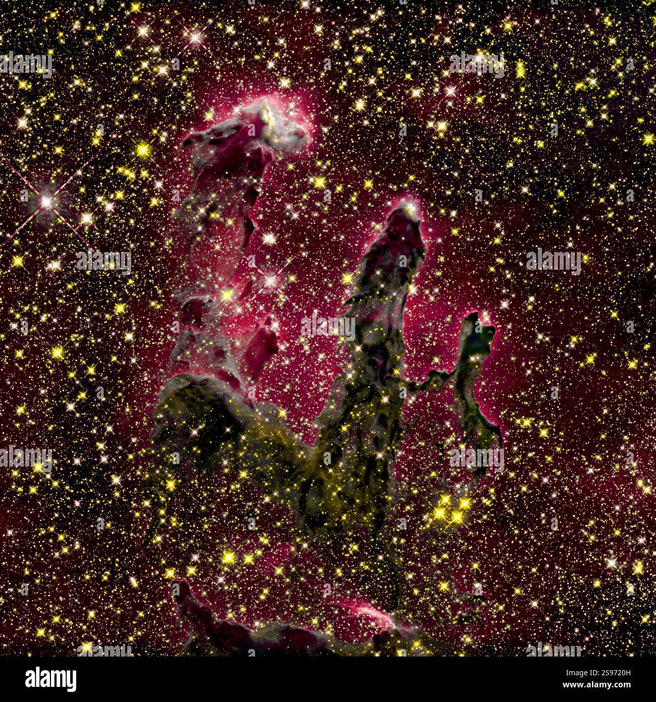 Retuschiertes Bild. Elemente dieses Bildes, bereitgestellt von der NASA. Kunstwerk das Nahinfrarotlicht kann einen Großteil des Gases und des Staubs durchdringen und Sterne enthüllen Stockfoto