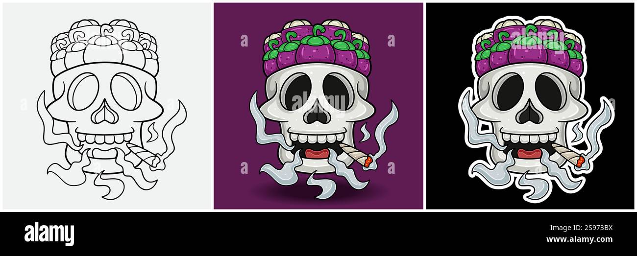Mangostanfrucht Im Schädelkopf Mit Raucher-Charakter-Cartoon. Schwarz weiß, bunt und Stickerstil. Für T-Shirt-Druck, Markenlogo, Label und M Stock Vektor